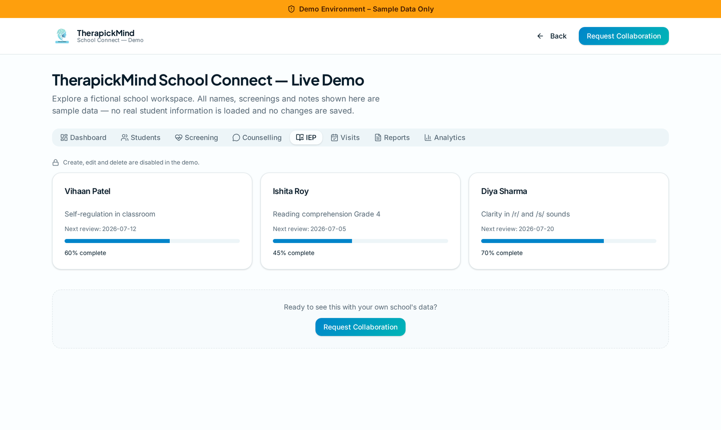 IEP & reports — TherapickMind School Connect