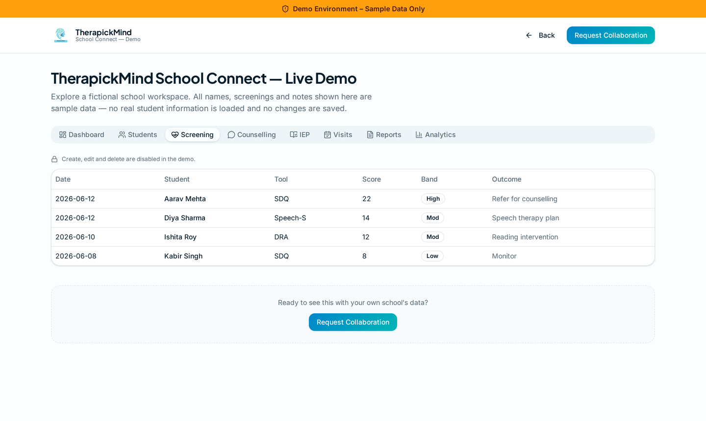 Screening & RAG — TherapickMind School Connect